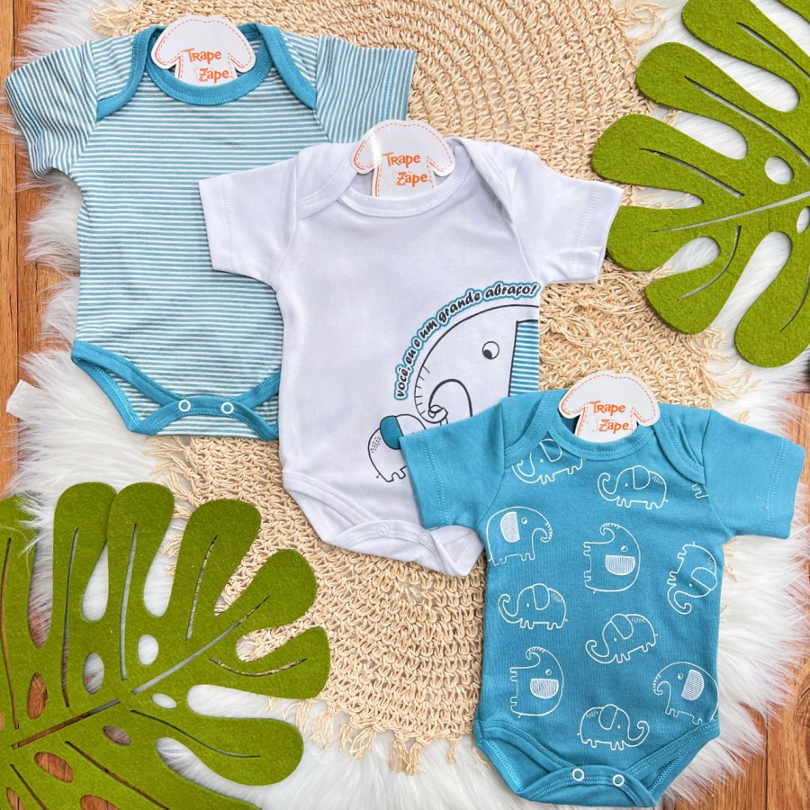 Kit 3 Peças - Bodys Manga Curta Elefantes - Verde e Branco